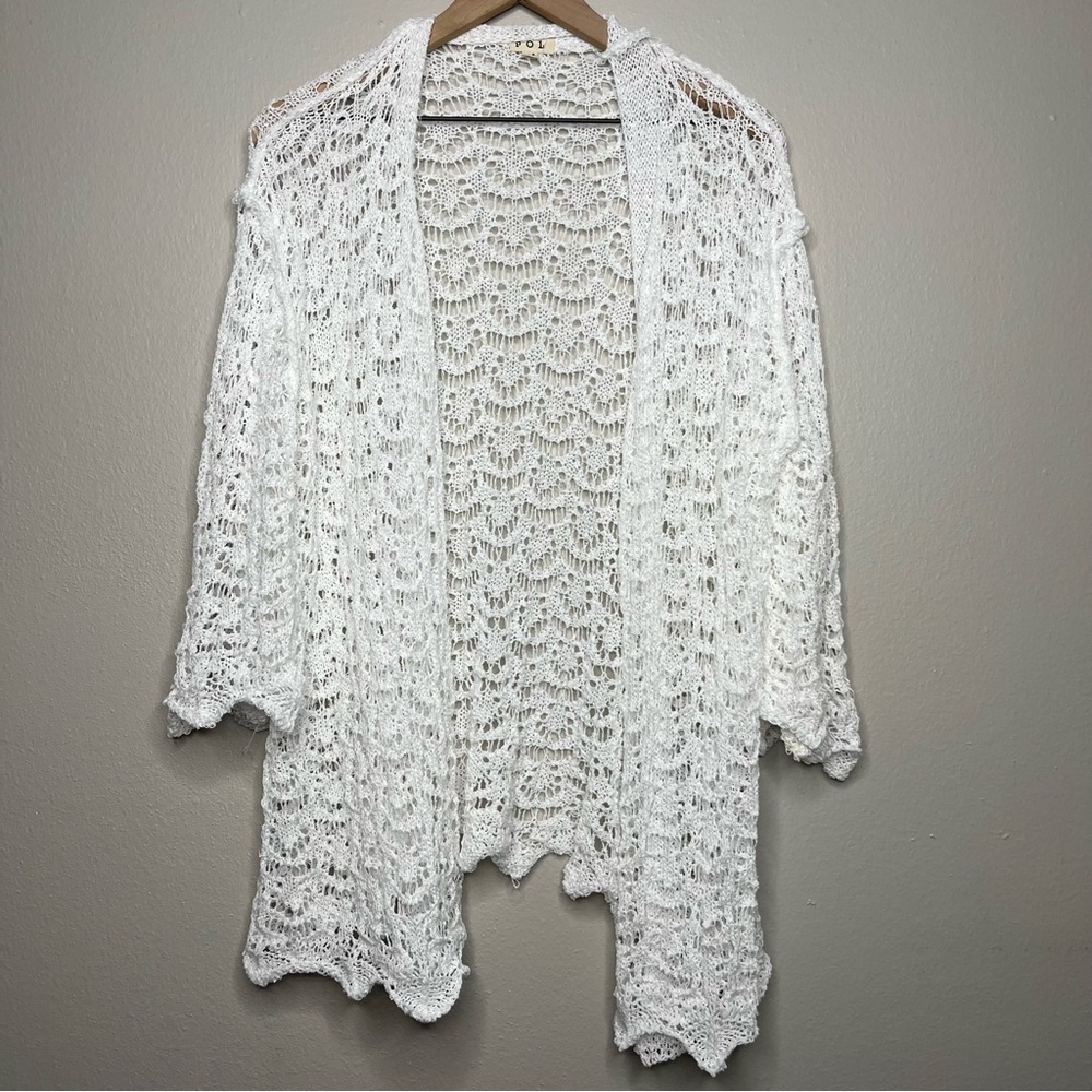 POL Women Knit Duster Cardigan Medium White Kimono Crochet Cottage Boho Festival